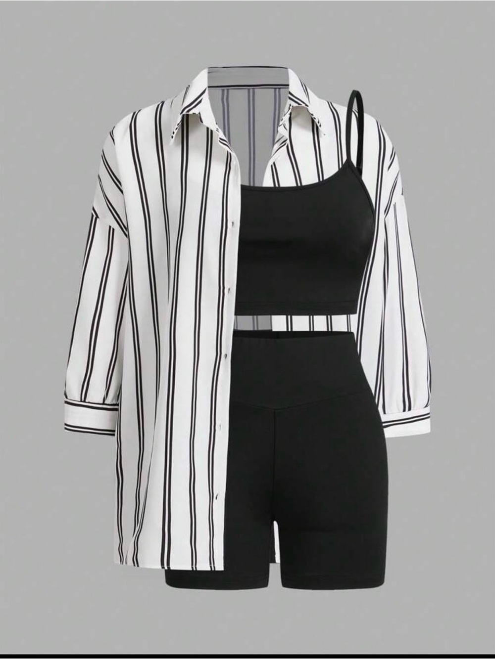 NWOT- Striped Button-Up Shirt with Black Crop Tank and Shorts Set